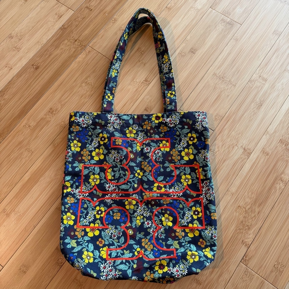 Tory Burch Navy Floral Tote with Yellow & Red Accents